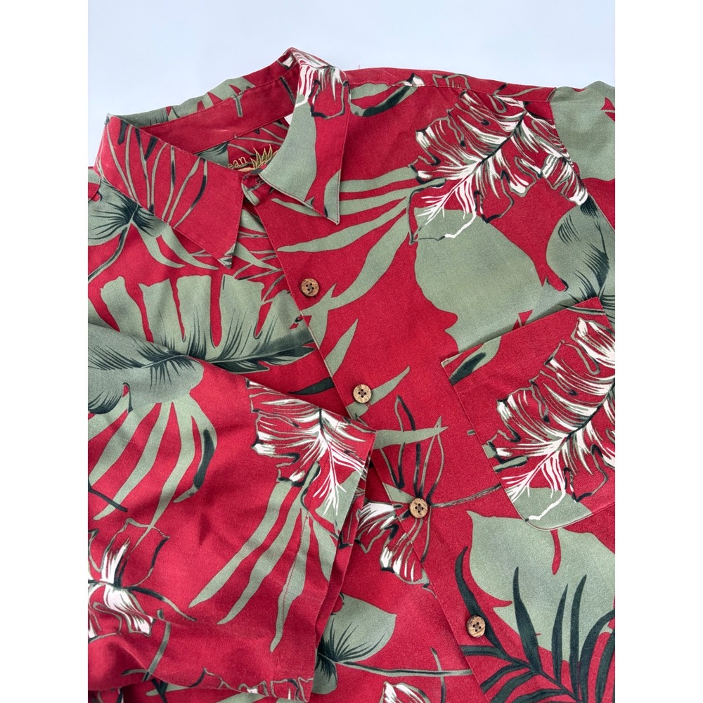 Caribbean Mens Silk Cotton Hawaiian Shirt Red Green Tropical Leaf Print Large